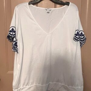 Crown & Ivy White Blouse with Navy Embroidery
